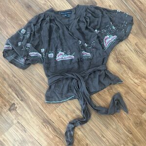 French Connection Women’s Silk Embroidered Tie Waist Boho Flowy Sheer Top Size 4